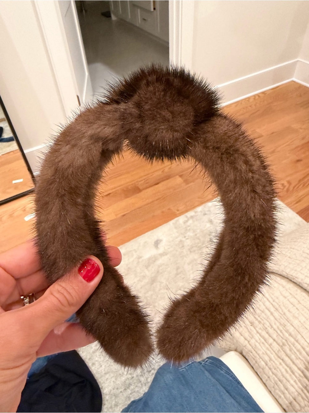 Plush Brown Fur Headband with Pom
